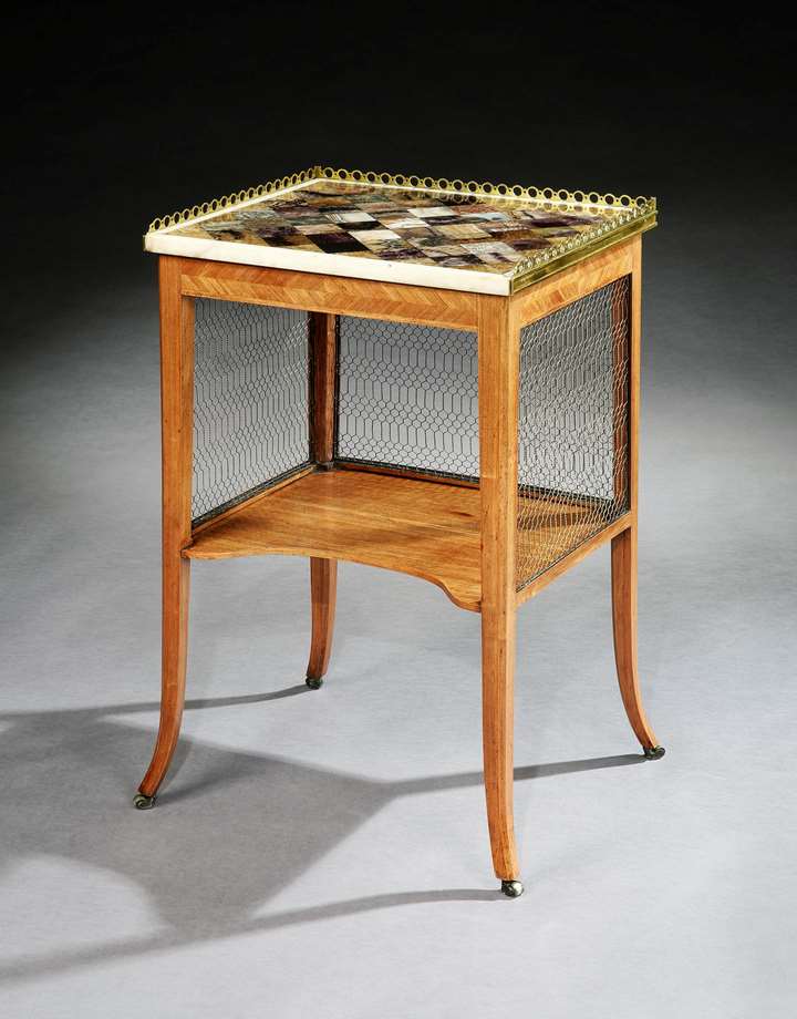 A GEORGE III TULIPWOOD SIDE TABLE WITH A BRASS MOUNTED BLUE JOHN TOP